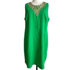 Linen Cocktail Formal Dress Midi Green Gold Embroidered Size 14 Zipper Back Rare